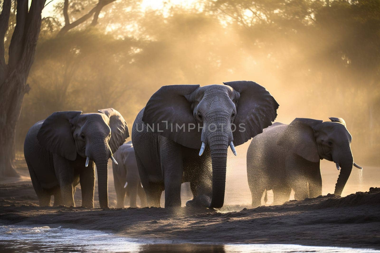 Family Of Elephants Searching Watering Trough In Hot Day by tan4ikk1