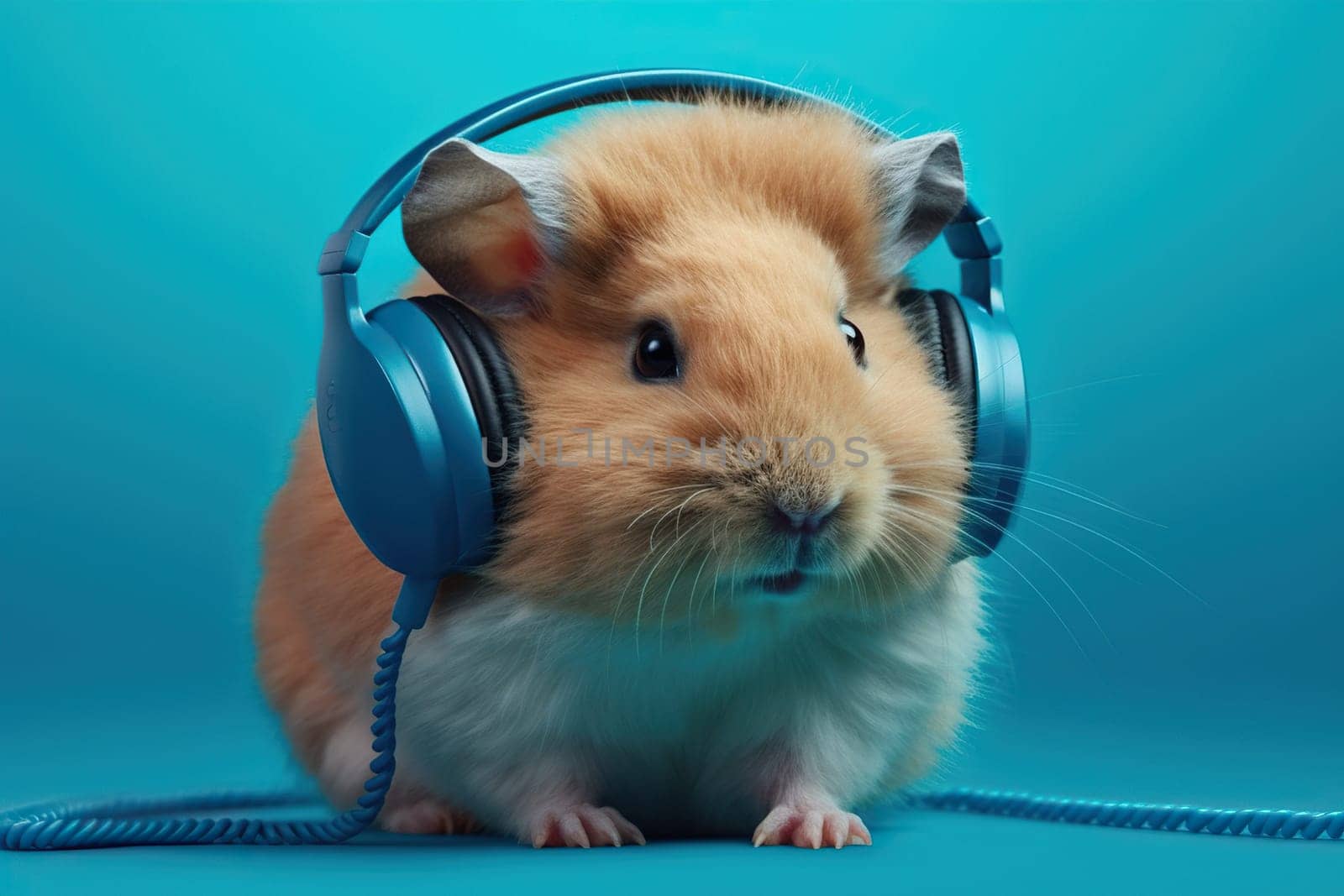 Humorous Red Hamster Wearing Headphones Against A Blue Background