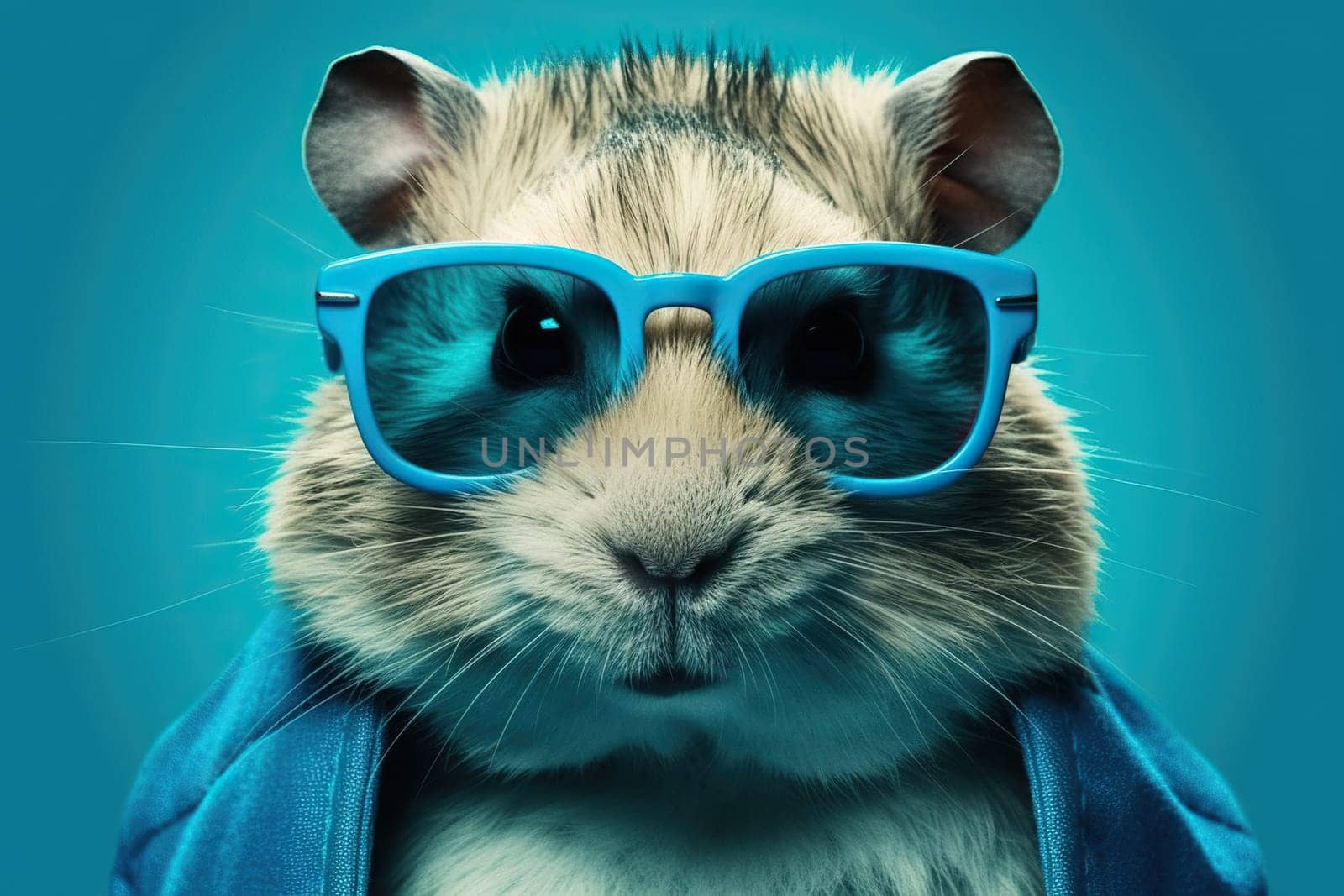 Humorous And Fashionable Hamster, Resembling A Singer, Seen In Mirrored Sunglasses Against A Blue Background