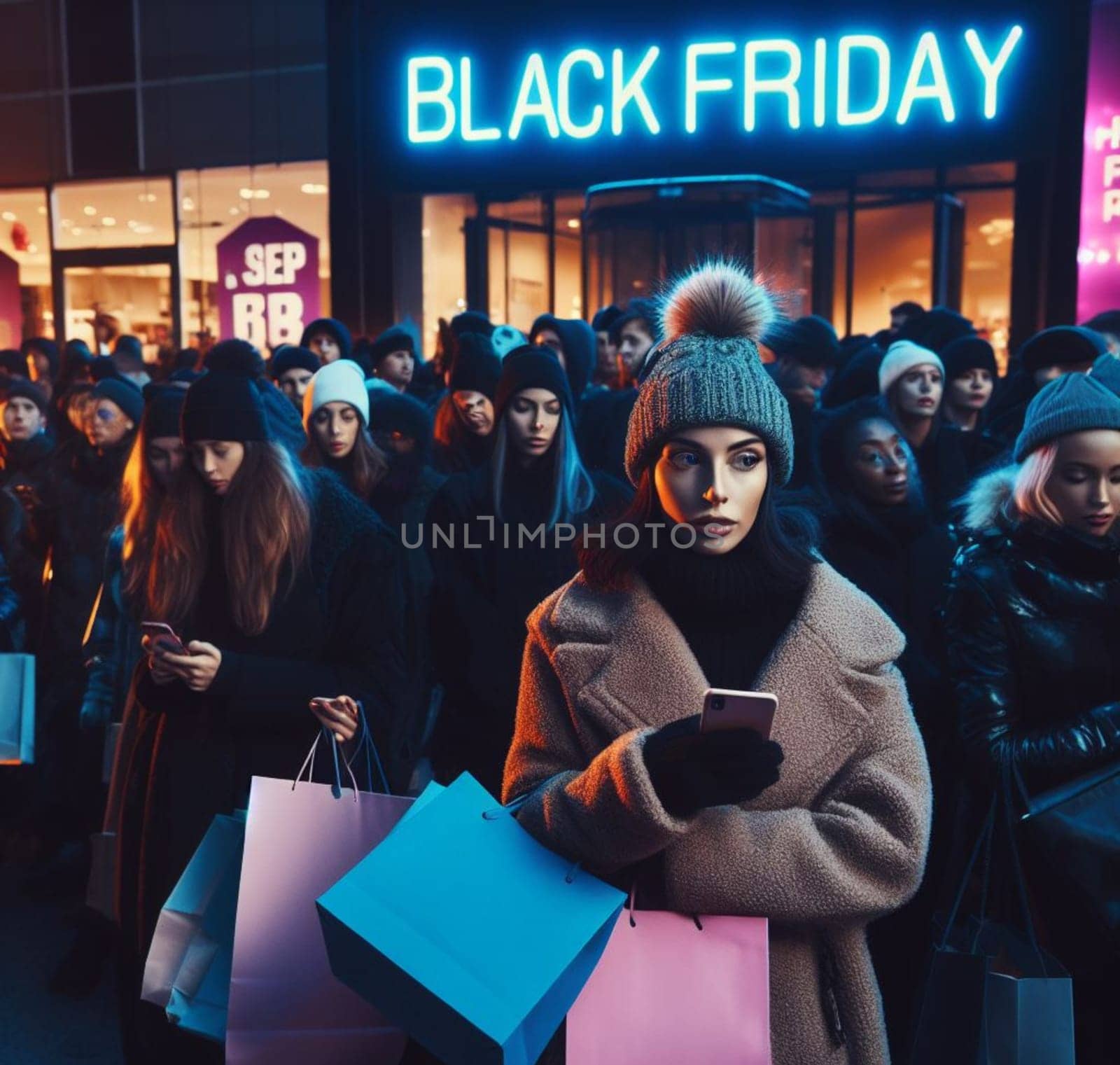 Customers waiting outside a store during Black Friday with festive decorations, ai generated by verbano