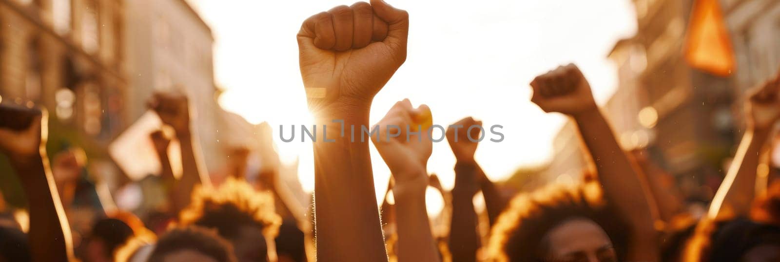 A crowd of people are holding up their hands in the air by AI generated image.