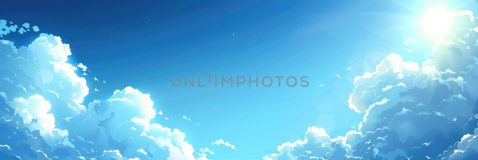 The sky is filled with fluffy white clouds and the sun is shining brightly by AI generated image.