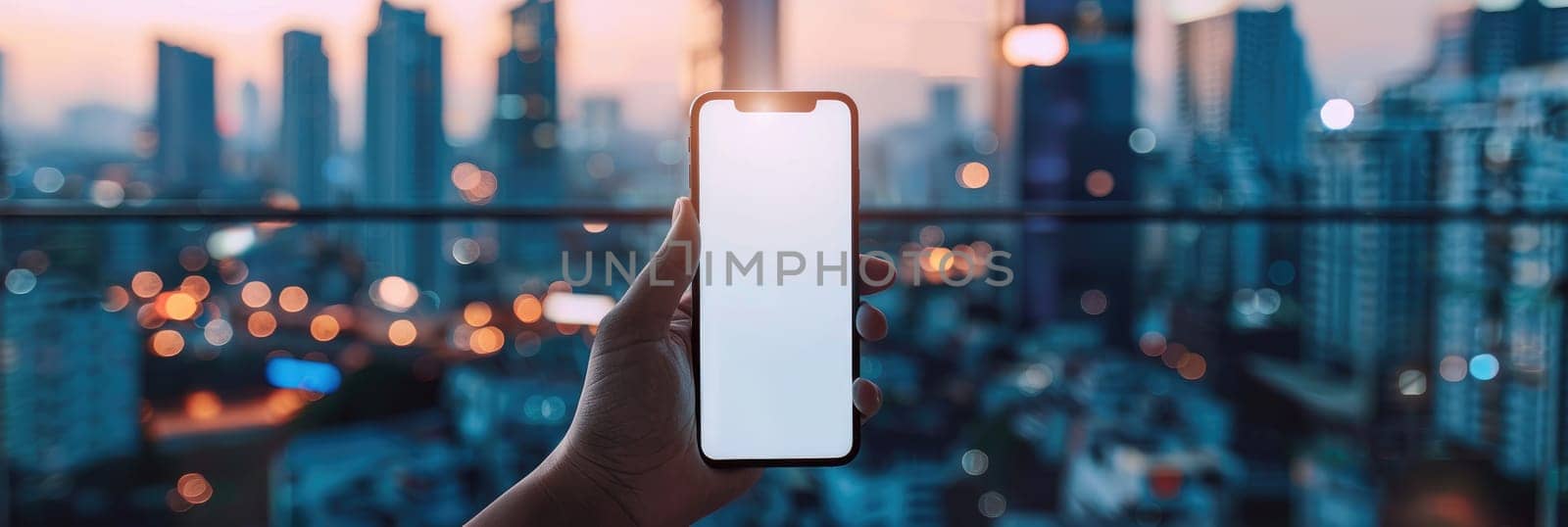 A person is holding a cell phone in front of a city skyline by AI generated image.