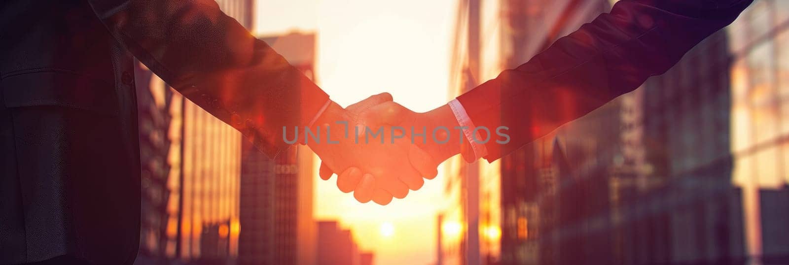 Two people shaking hands in front of a city skyline by AI generated image.