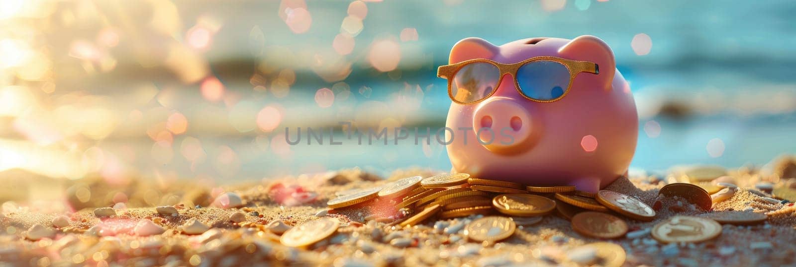 A pig wearing sunglasses sits on a beach with a pile of gold coins by AI generated image.