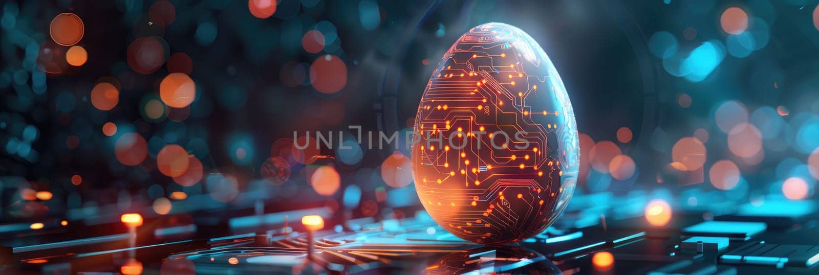 A glowing egg with a black shell sits on a circuit board by AI generated image.