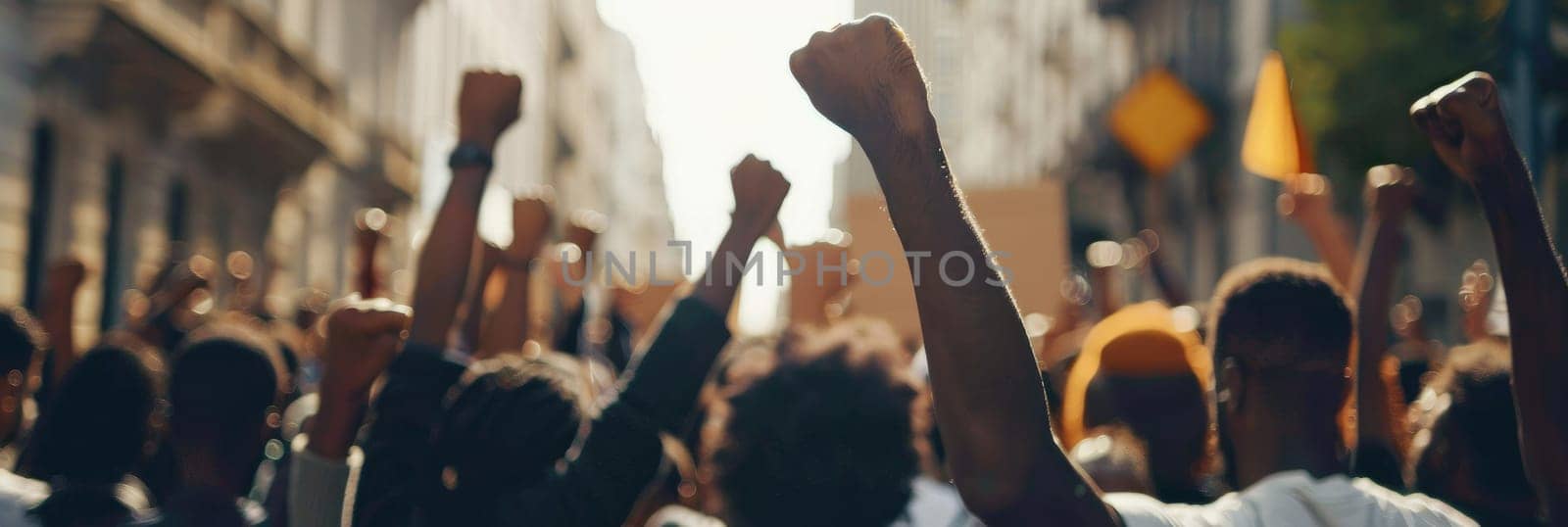 A crowd of people are holding up their hands in the air by AI generated image.