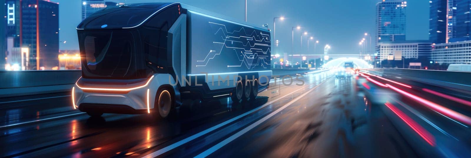 A large semi truck is driving down a highway with a city in the background by AI generated image.