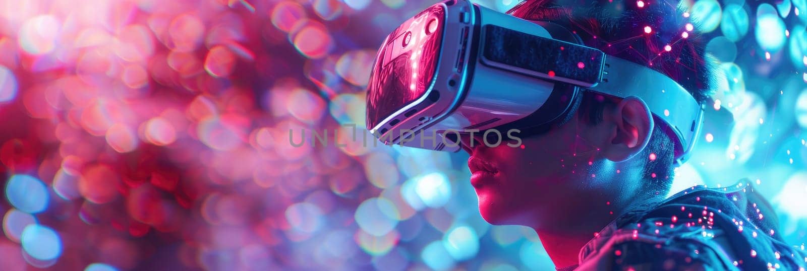 A boy wearing a virtual reality headset is looking at a computer screen by AI generated image by wichayada