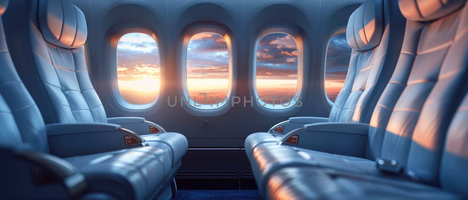 The airplane is filled with white seats and the windows are open by AI generated image.