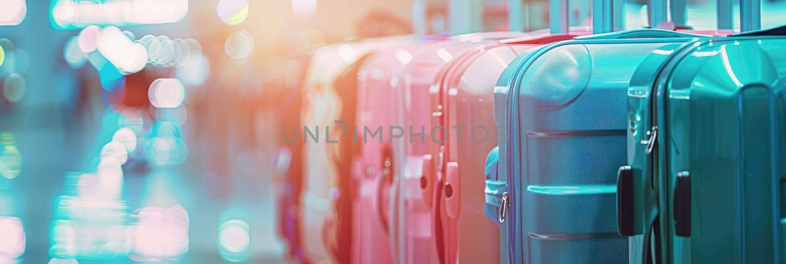 A pair of red suitcases are sitting on the floor in a busy airport terminal by AI generated image.