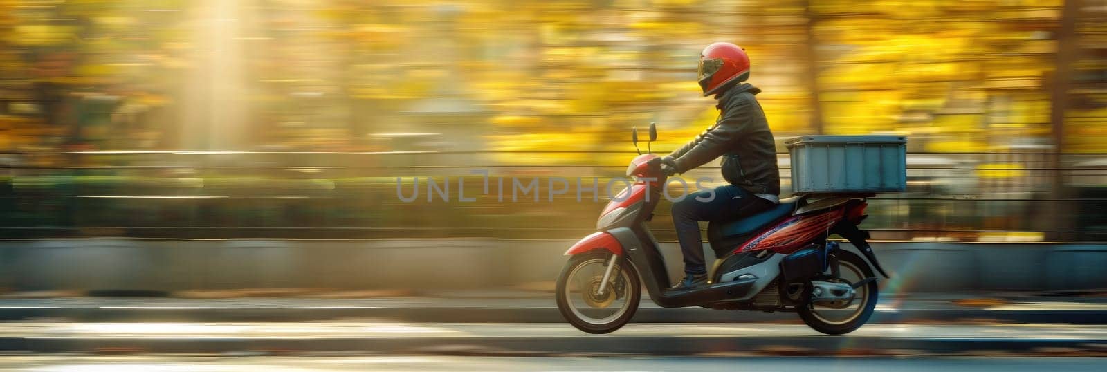 A man on a motorcycle is wearing a helmet and riding down a road by AI generated image by wichayada