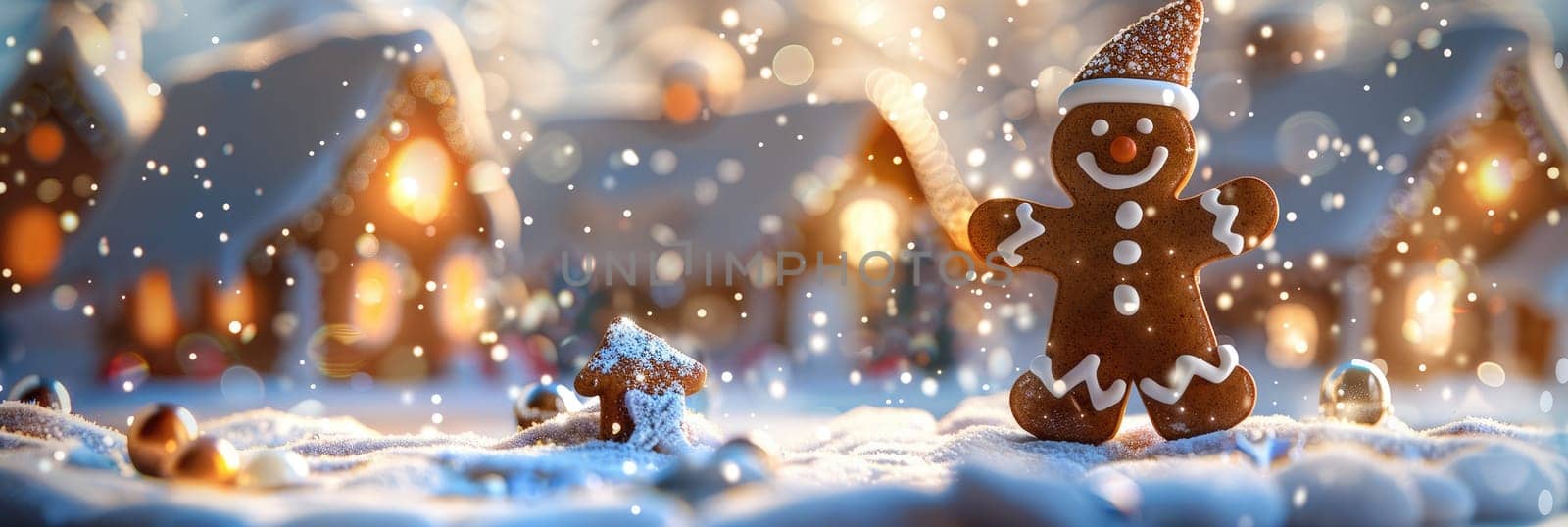 A gingerbread man is standing in the snow next to a house by AI generated image by wichayada