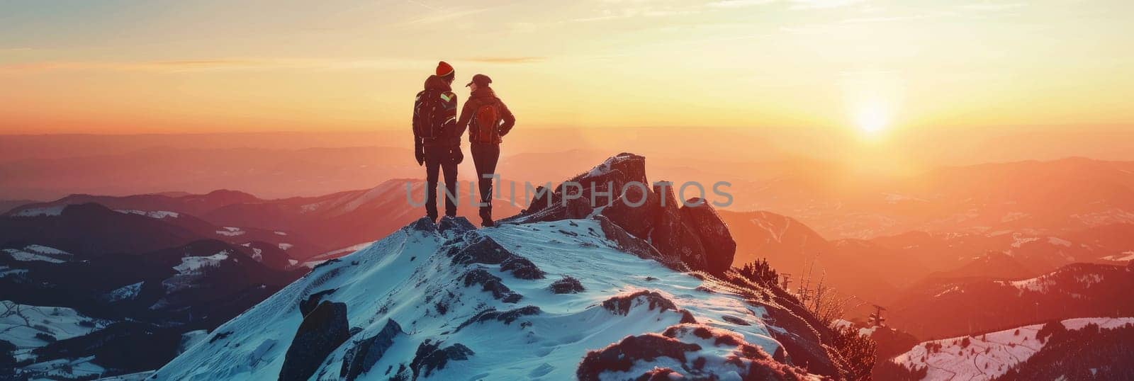 A couple standing on a mountain top with the sun setting behind them by AI generated image.