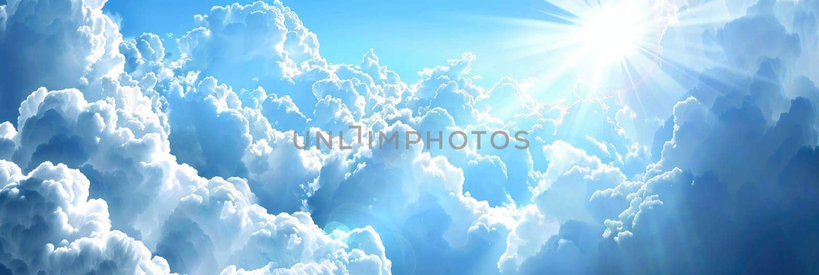 The sky is filled with fluffy white clouds and the sun is shining brightly by AI generated image by wichayada