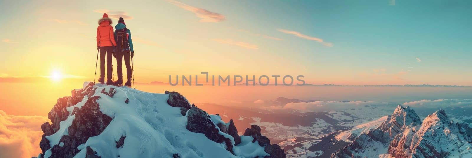 A couple standing on a mountain top with the sun setting behind them by AI generated image.