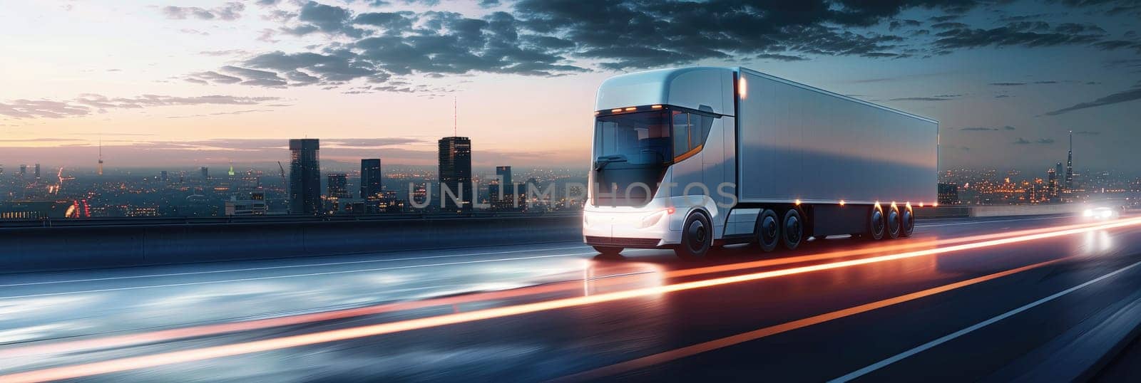 A large semi truck is driving down a highway with a city in the background by AI generated image.