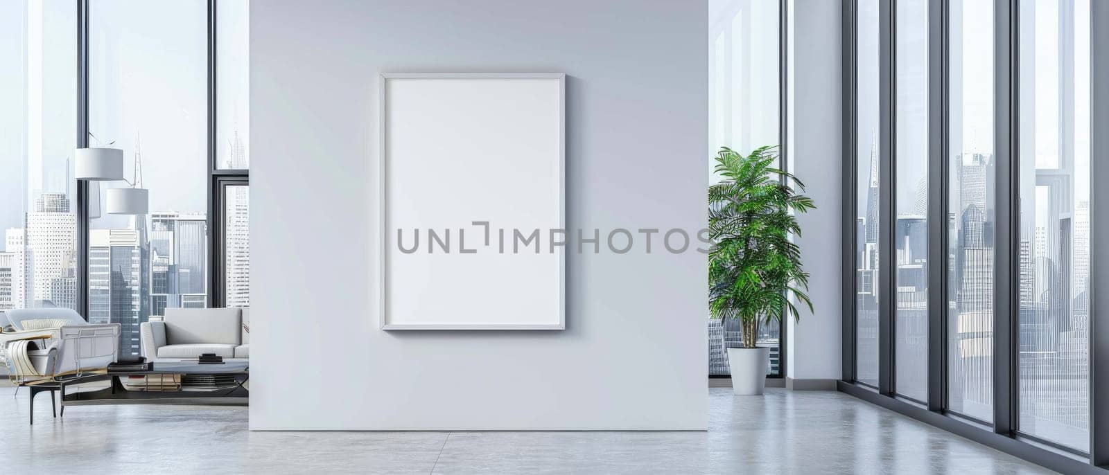 A large white wall with a black frame by AI generated image by wichayada