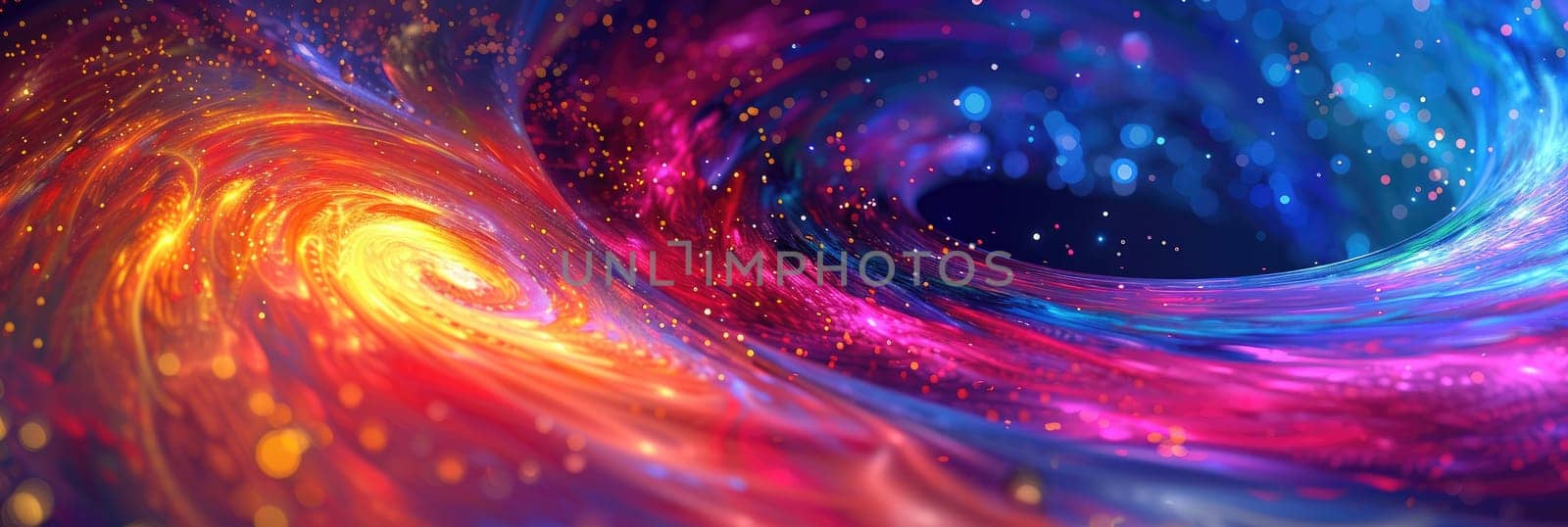 A spiral galaxy with a bright orange center and a blue and purple outer edge by AI generated image by wichayada