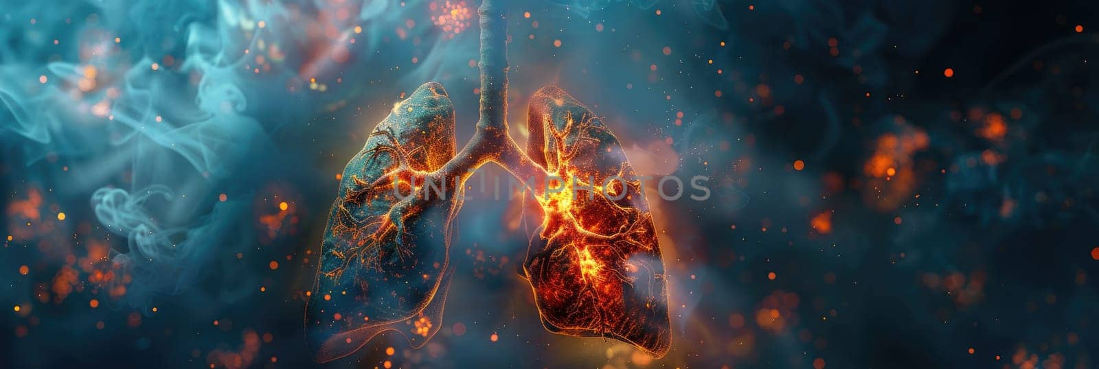 A graphic of a human lung with smoke and fire surrounding it by AI generated image.