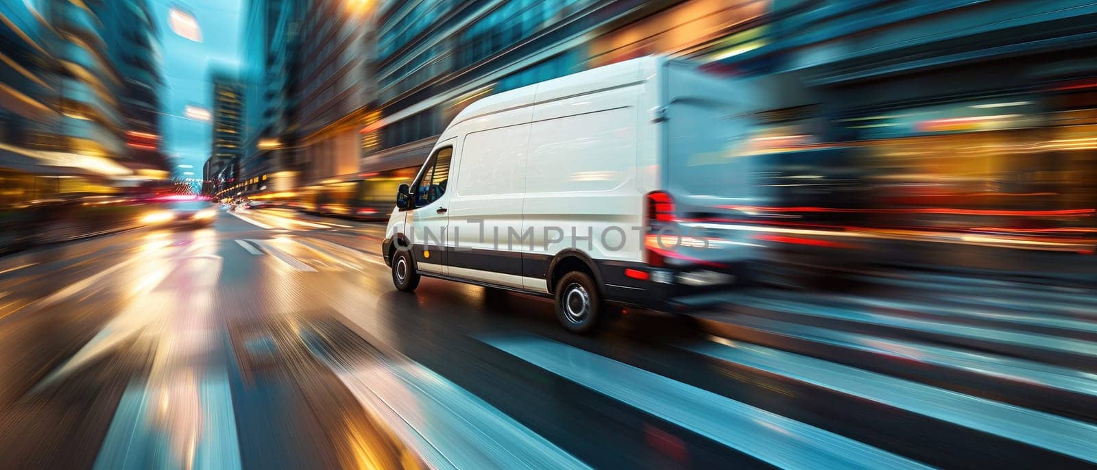 A white van is driving down a city street at night by AI generated image.