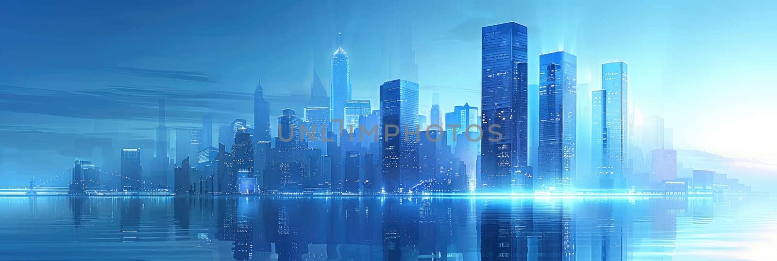 A city skyline is reflected in the water by AI generated image by wichayada