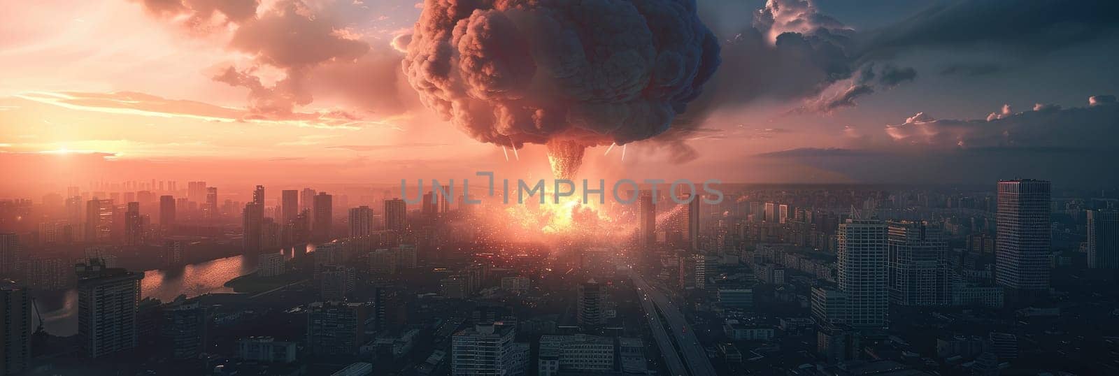 A city is shown with a large explosion in the sky by AI generated image by wichayada