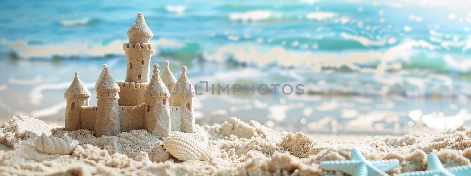 A sand castle is built on the beach with the ocean in the background by AI generated image by wichayada