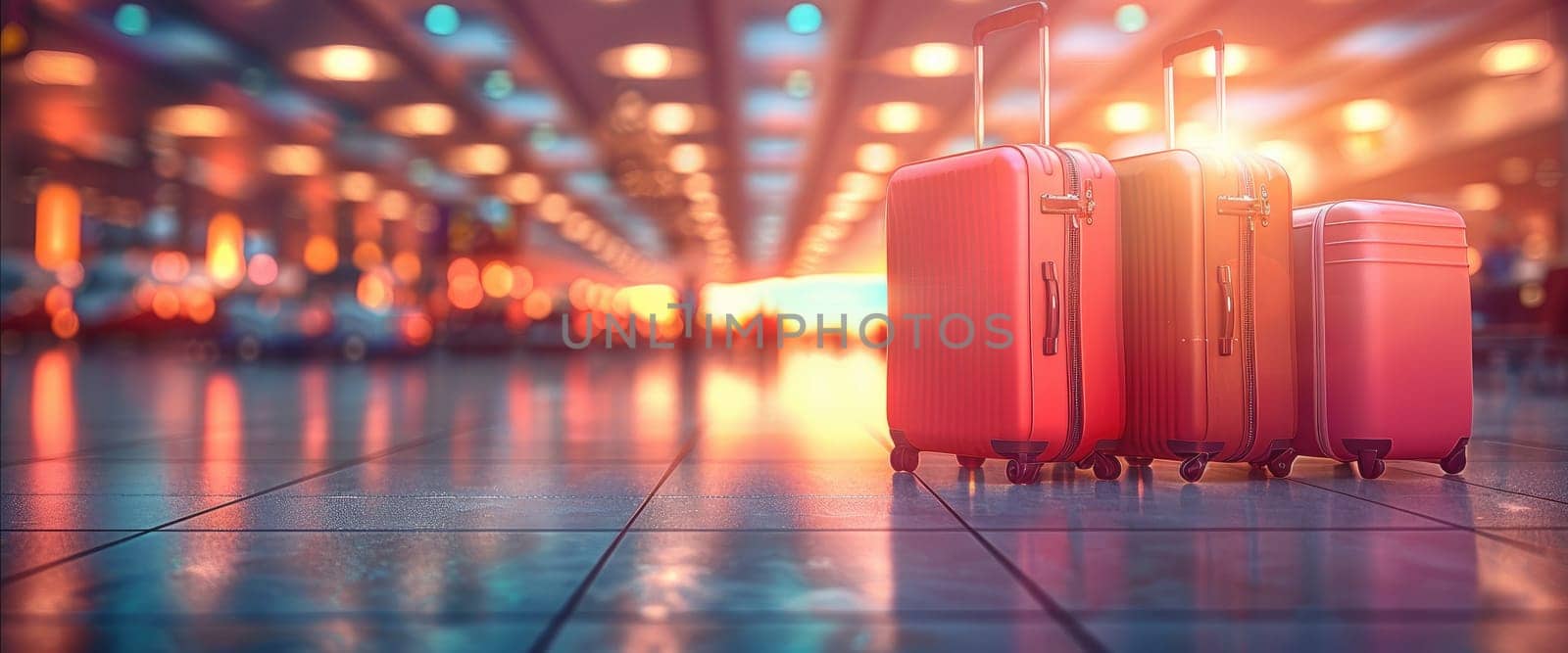 A pair of red suitcases are sitting on the floor in a busy airport terminal by AI generated image.