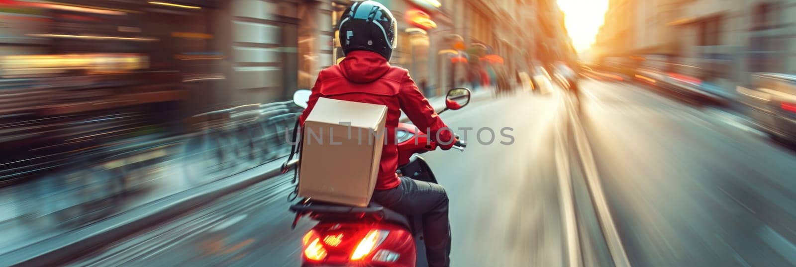 A man on a motorcycle is riding down a street with a box on his back by AI generated image.