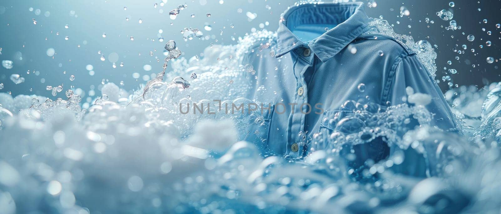 A shirt is being washed in a bathtub with water splashing all over it by AI generated image.