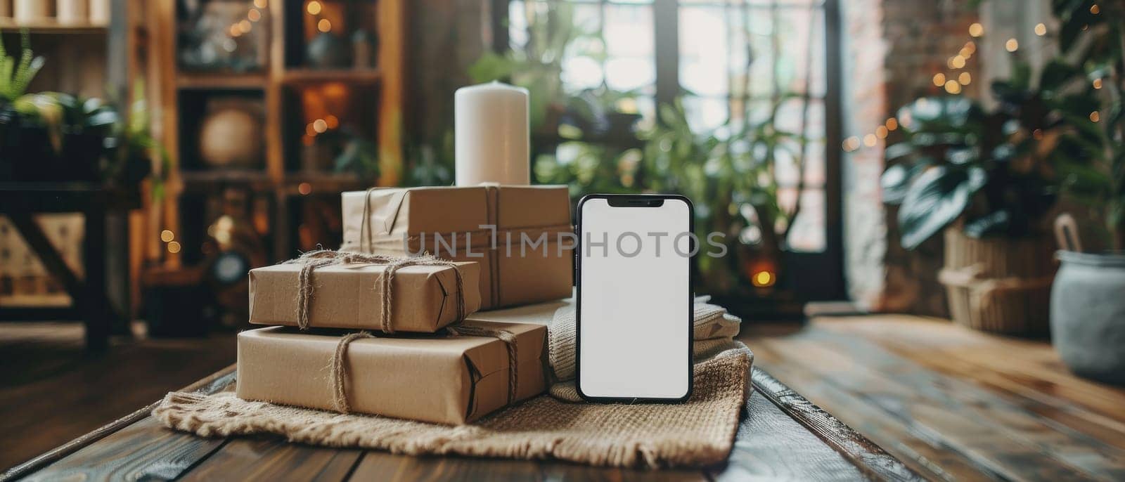 A white cell phone sits on top of a stack of brown boxes by AI generated image by wichayada