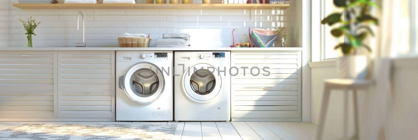 A large room with many white washers and dryers by AI generated image by wichayada