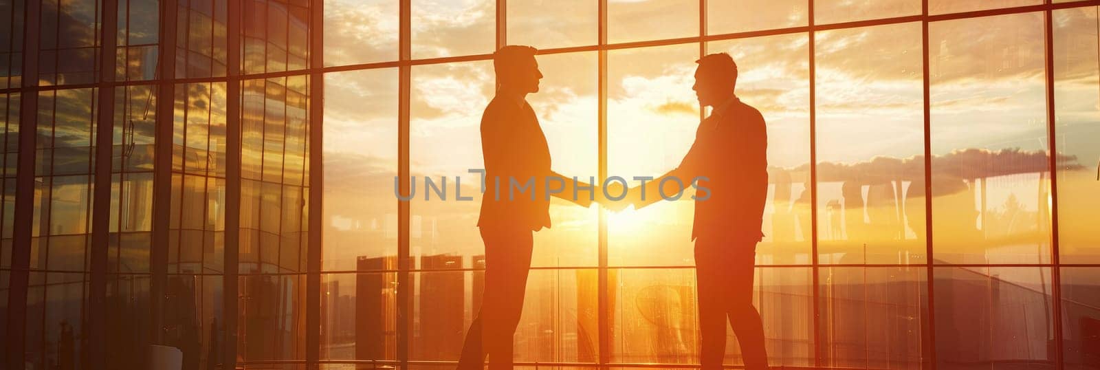 Two men shake hands in front of a building with a sunset in the background by AI generated image.