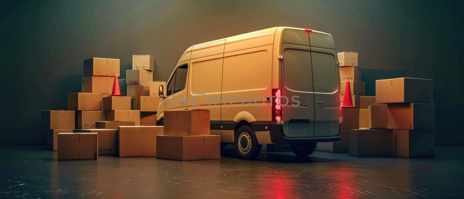 A white van is parked in front of a pile of cardboard boxes by AI generated image by wichayada