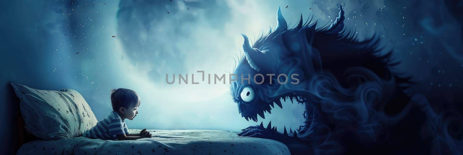 A girl stands in front of a large, scary monster by AI generated image by wichayada