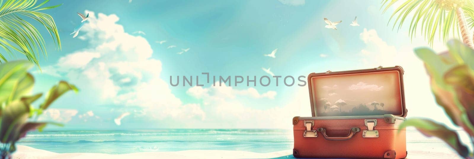 A suitcase is open on a beach with a palm tree in the background by AI generated image by wichayada