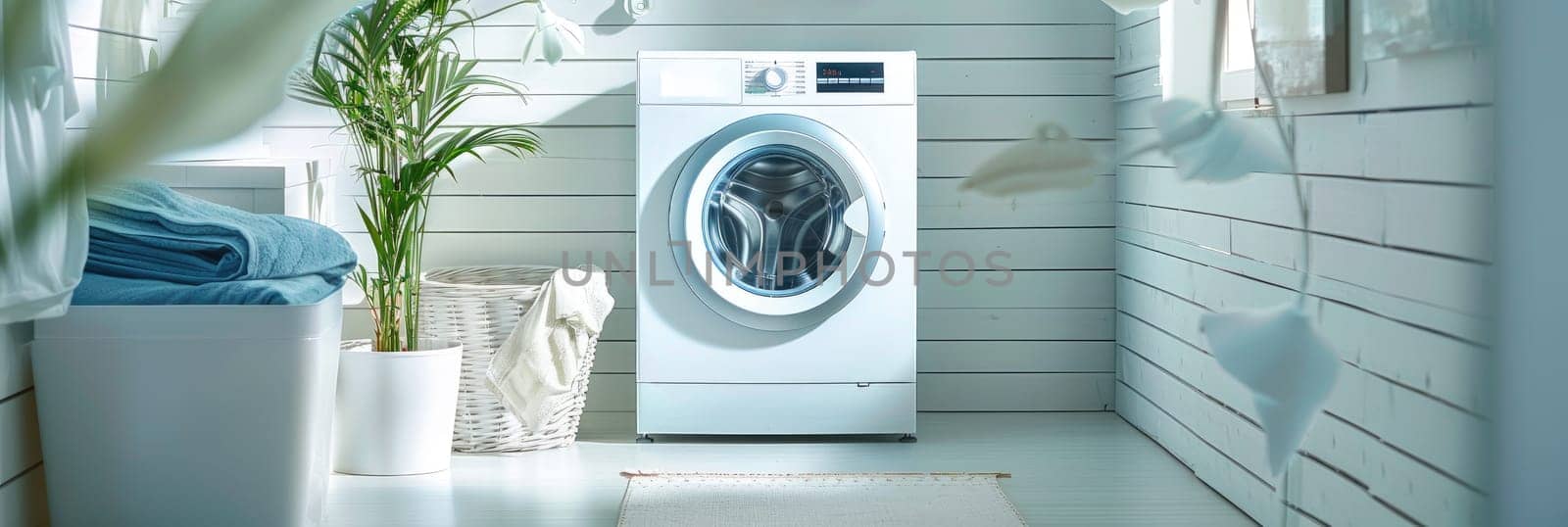 A large room with many white washers and dryers by AI generated image by wichayada