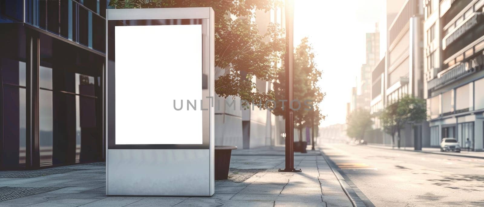 A large white billboard sits on a city street, with a tree in the background by AI generated image by wichayada