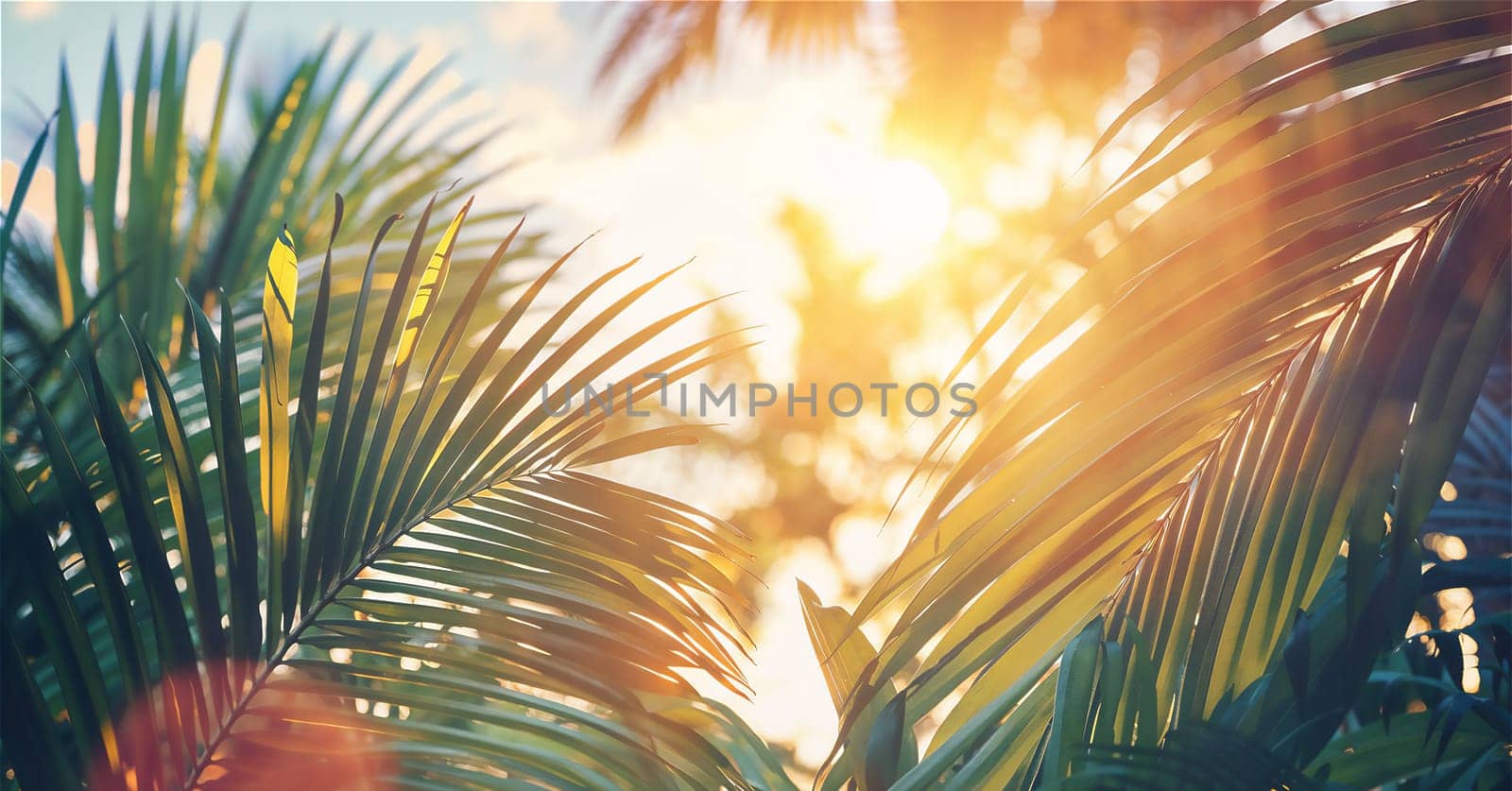 The suns rays filter through the vibrant green leaves of a palm tree in a springtime scene.