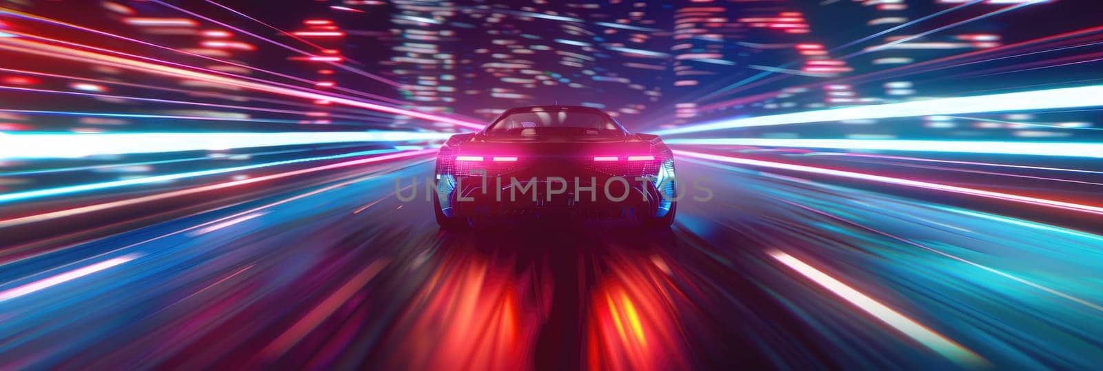A car is driving down a road with a bright neon light in the background by AI generated image.