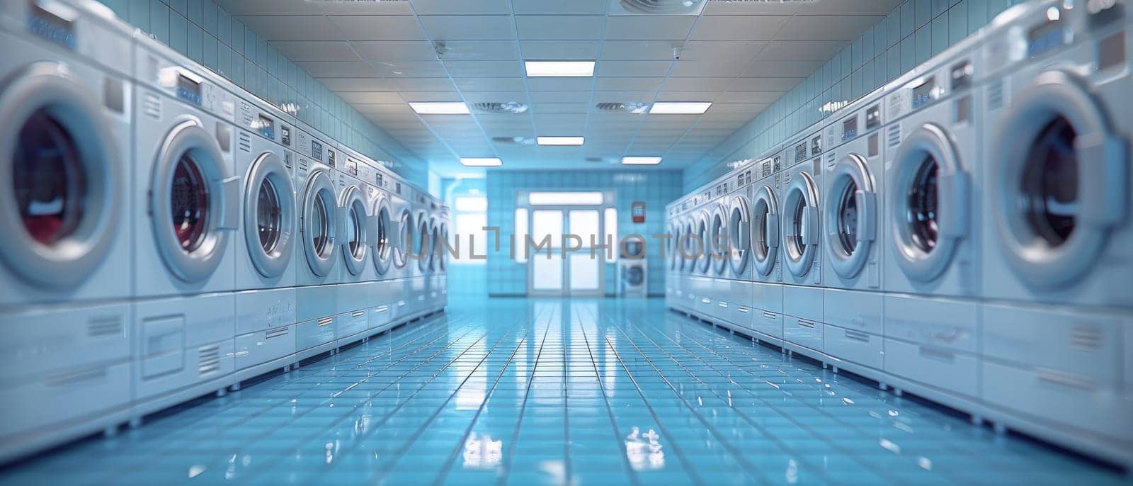 A large room with many white washers and dryers by AI generated image by wichayada