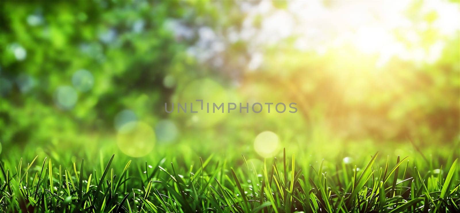 Close up of green grass with the sun shining in the nature background on a spring day