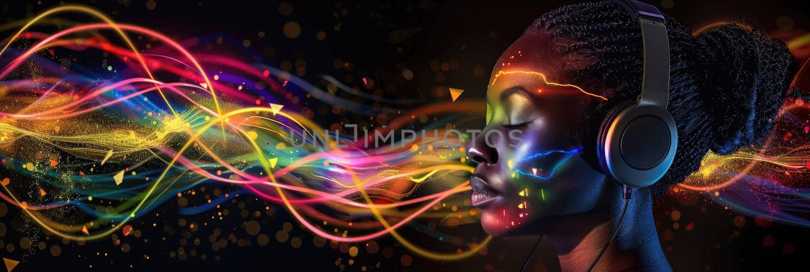 A woman wearing headphones is surrounded by colorful sparks by AI generated image.