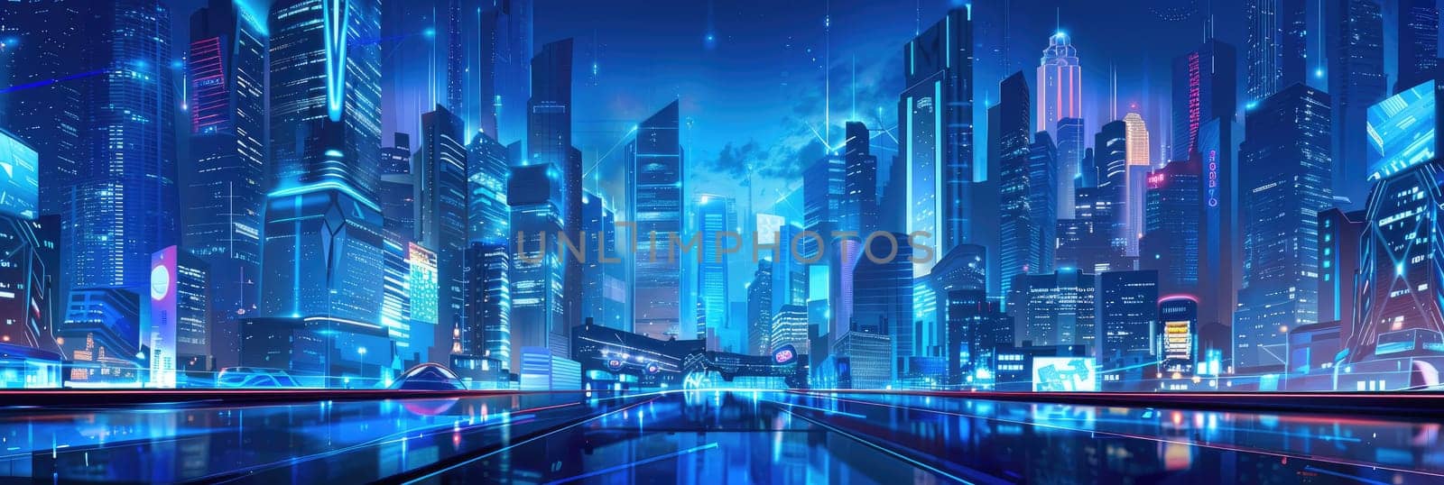 A cityscape with a blue sky and a reflection of the city in the water by AI generated image by wichayada