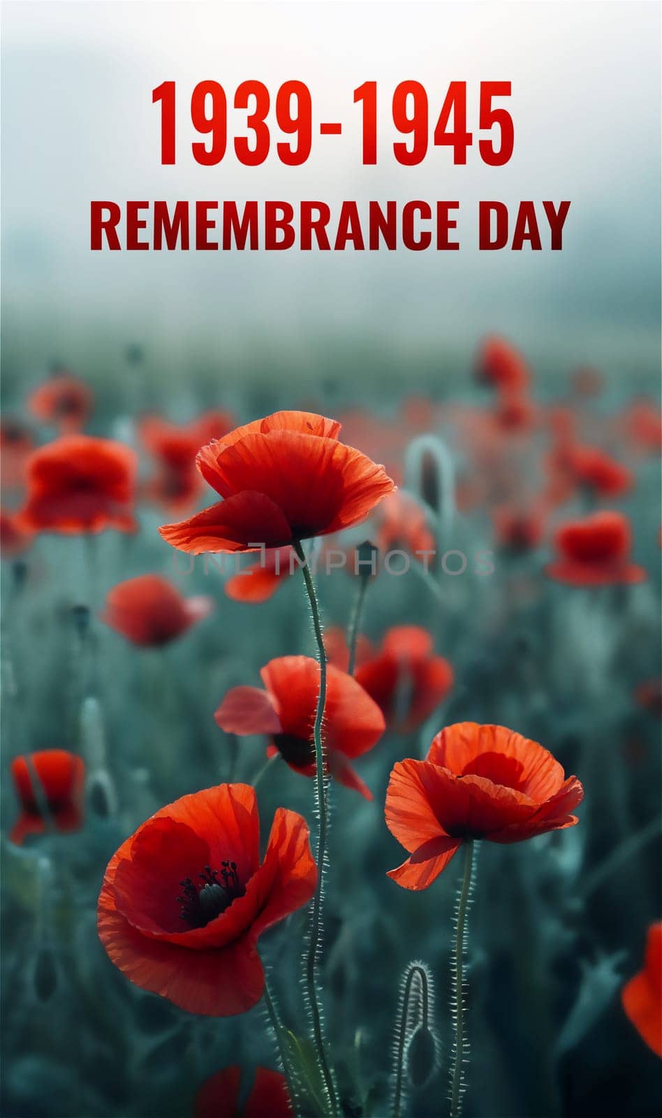 A field filled with vibrant red poppy flowers, with the words Remembrance Day