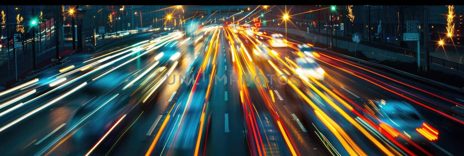 A busy highway with cars and traffic lights by AI generated image.