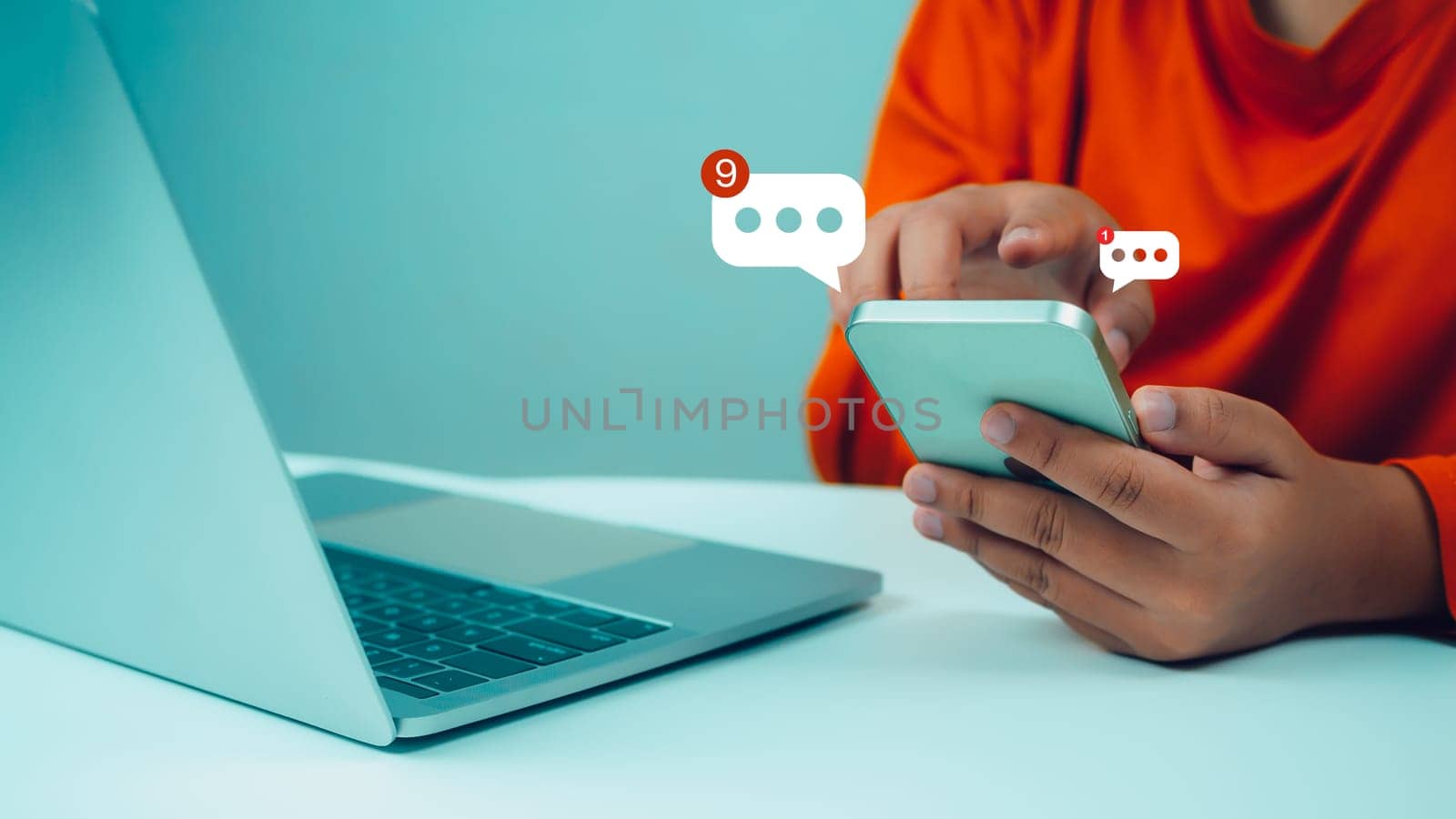 Human hand touching email on virtual screen. New email notification concept for business email communication and digital marketing. The inbox receives electronic message notifications. internet technology by Unimages2527