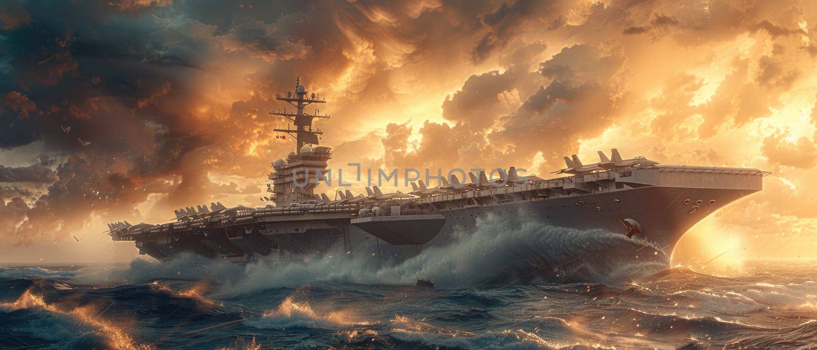 A large ship is sailing in the ocean with a beautiful sunset in the background by AI generated image.