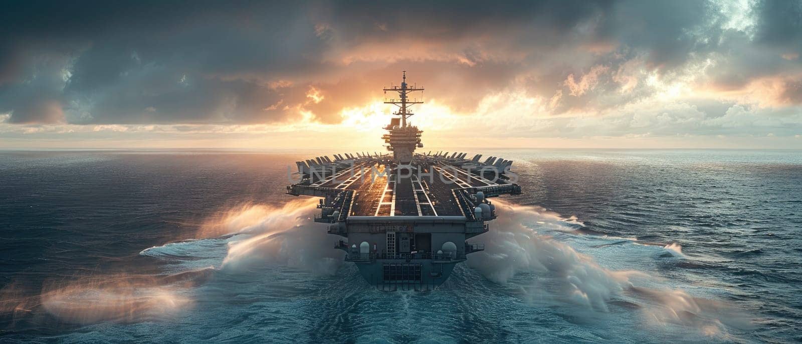 A large Navy ship is surrounded by planes and is in the middle of a battle by AI generated image.